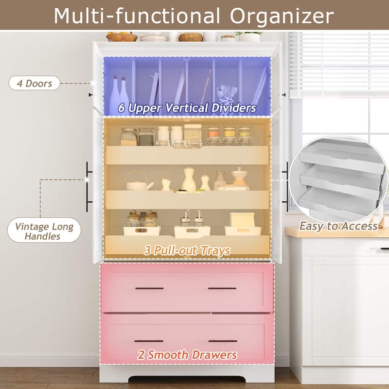 Farmhouse 72.6" Tall Kitchen Pantry with 4 Doors Storage Cabinet , 2 Drawers and Pull-out Trays for Cake Pan Storage Organizer