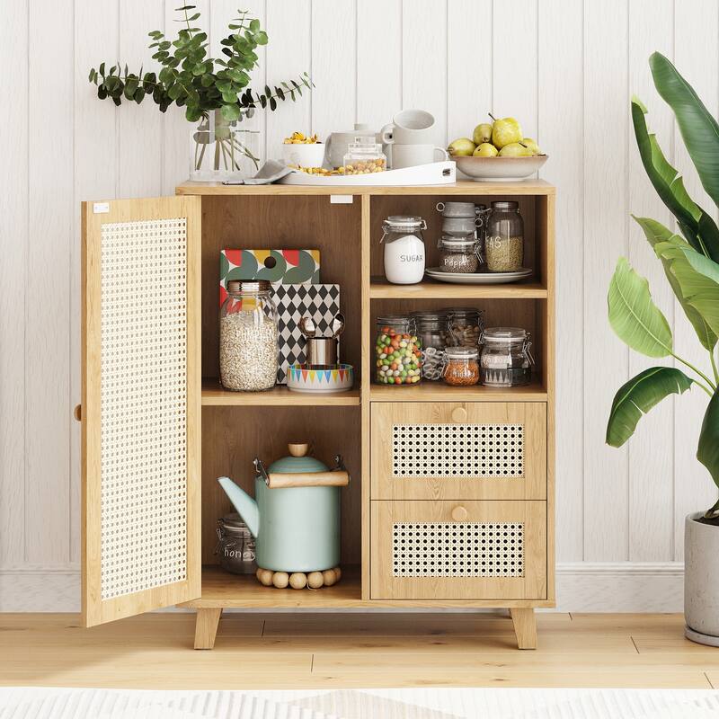 Rattan Buffet Cabinet with Adjustable Shelf, Sideboard with Drawers for Living Room, Kitchen, Entryway