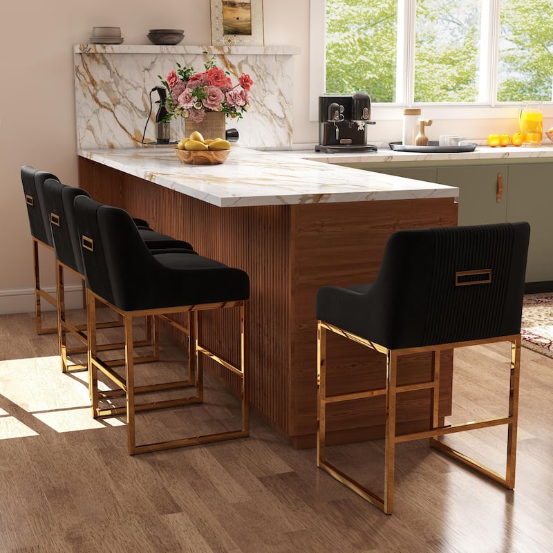 SEYNAR Modern Glam Velvet Golden Matel Frame Counter or High Bar Stools Set of 4 - Black