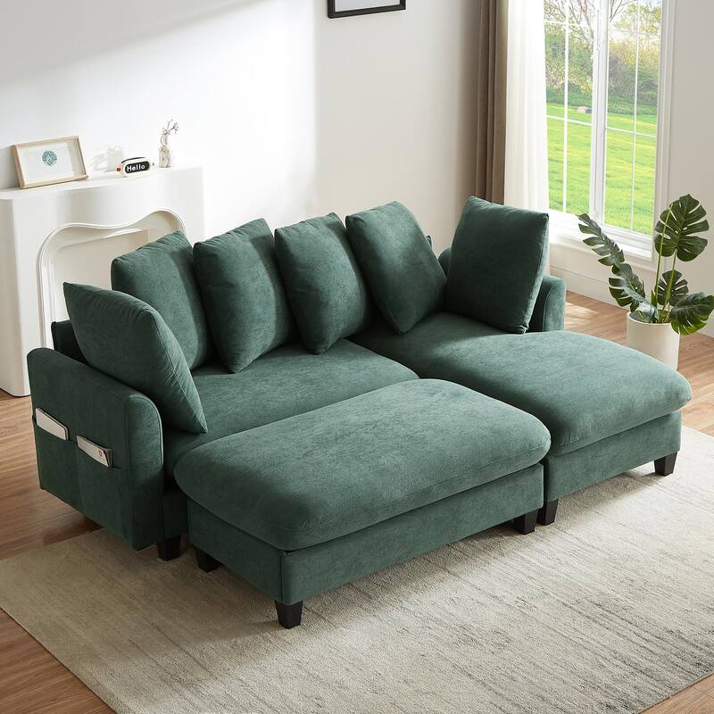 83" L-shaped Sofa with Storage, Ottoman, 6 Pillows, Green Chenille