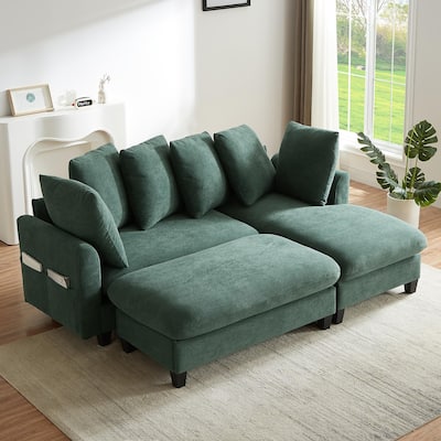 83" L-shaped Sofa with Storage, Ottoman, 6 Pillows, Green Chenille
