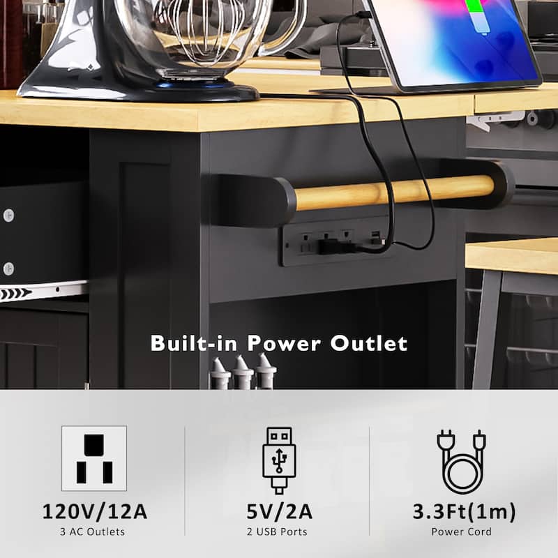 Large Rolling Kitchen Island with Open Side Racks, Wood Spice Storage Cabinet wDrop Leaf, Power Outlet and Internal Storage Rack