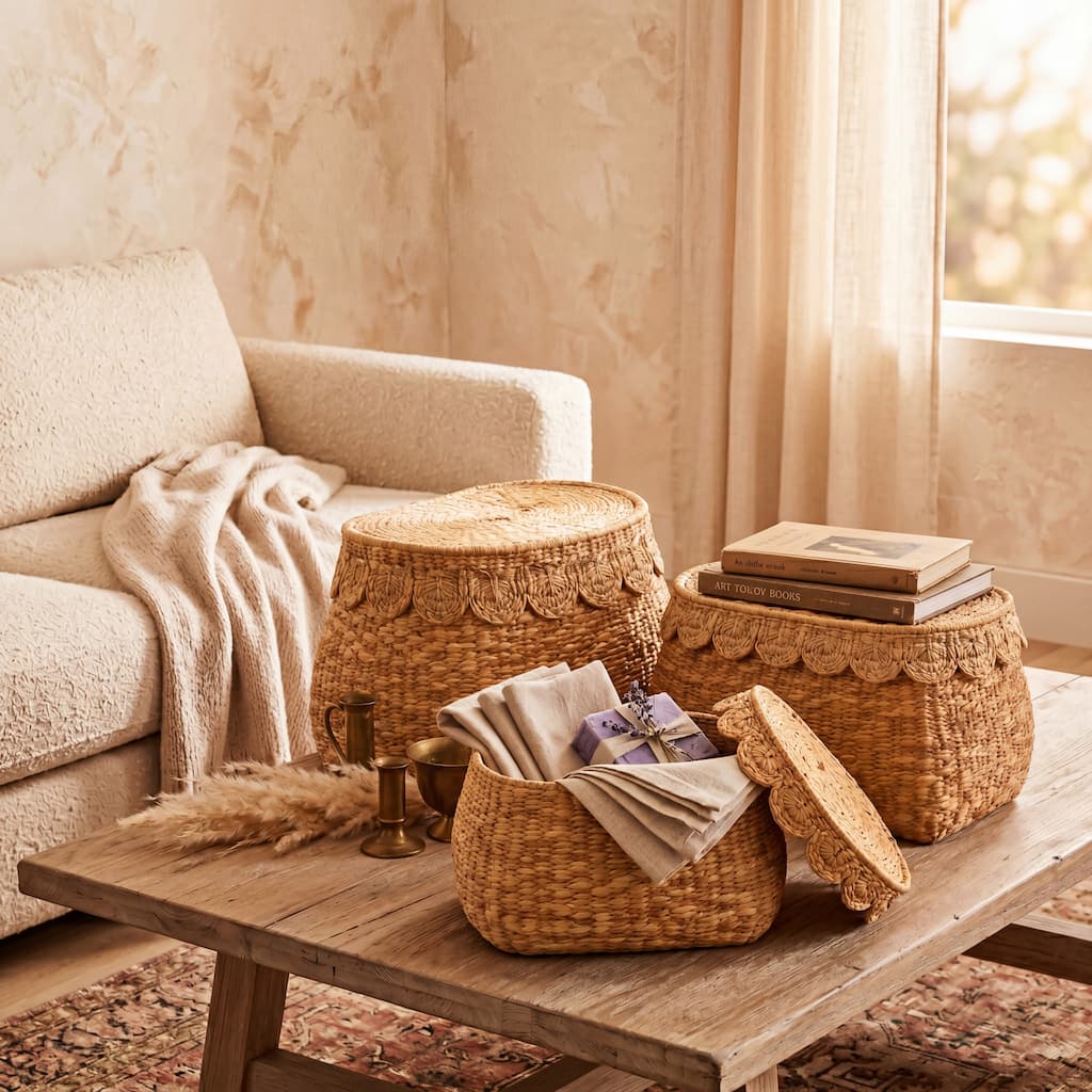 Roche River Decor - Seagrass Woven Storage Basket with Lid - Set of 3 Brown
