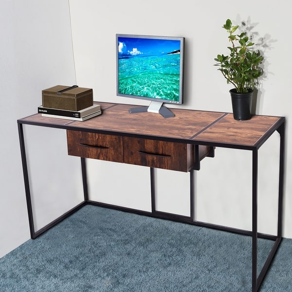 slide 1 of 5, Clihome 55 in. Rectangle Brown Wood 2-Drawer Executive Desk with Storage