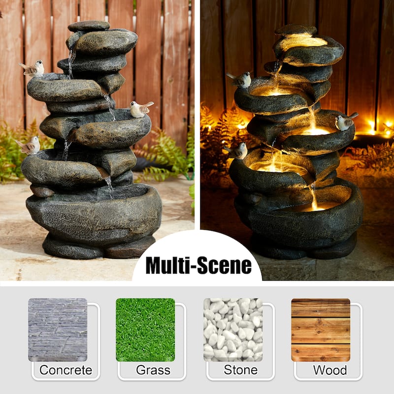 Glitzhome 24-inch Outdoor 2-tier Faux Pebbles Polyresin Birdbath Fountain with Pump