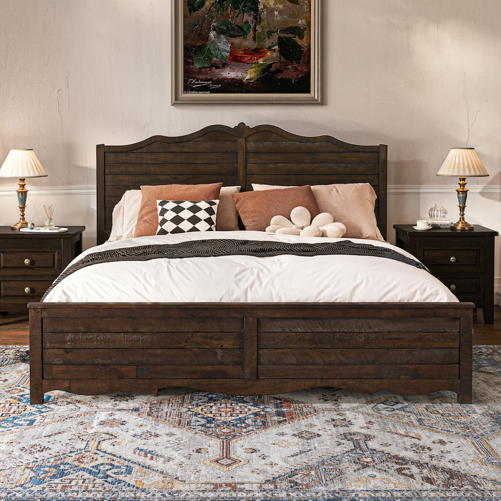 Modern Bed Solid Wood Platform Bed Frame Queen/King Size Bed with Headboard and Wood Slat Support for Bedroom