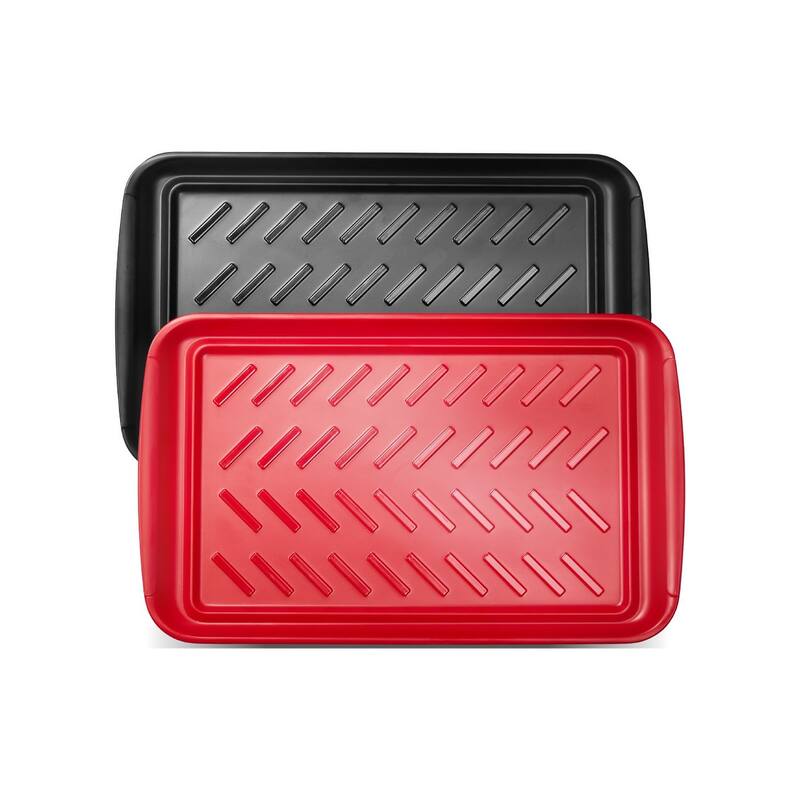 Black and Red Melamine 2-Piece Serving Tray Set with Non-Slip Stripes and Stackable Design - 17 x 10.35 x 1.18 in - Red-Black
