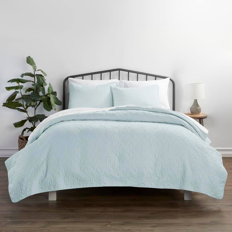Soft Essentials Premium Ultra Soft Damask Pattern Quilted Coverlet Set - Light Blue - Twin - Twin XL