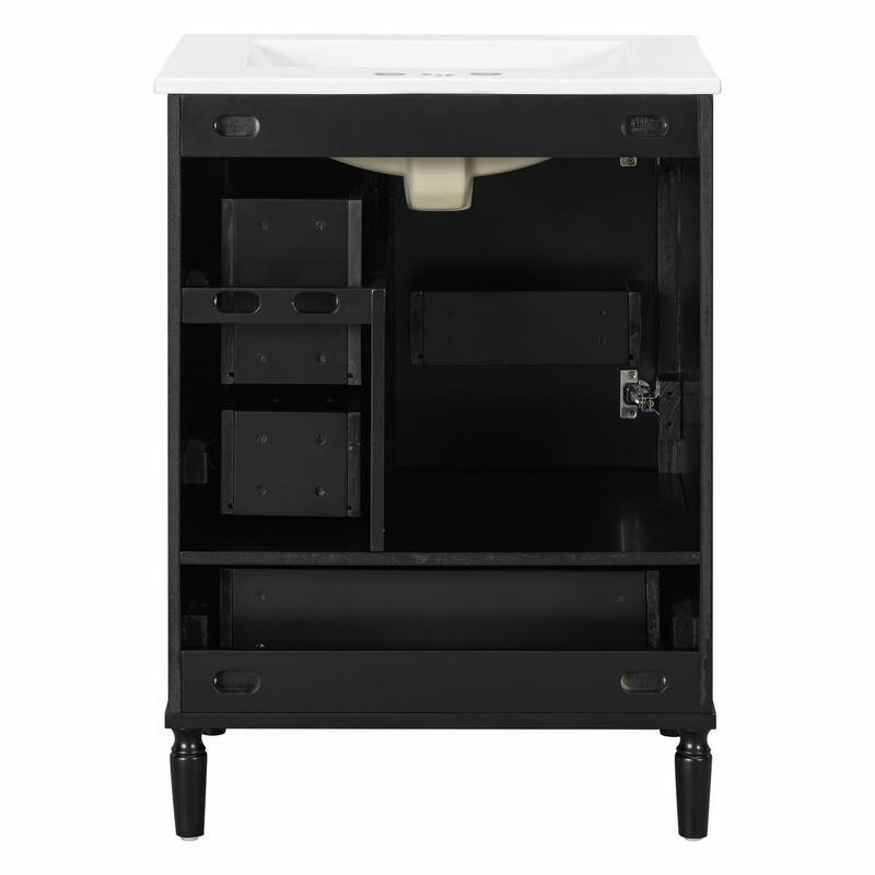 24" Modern Bathroom Vanity with Ceramic Sink, Soft-Close Door, 3 Drawers, Gold Handles & Door Rack