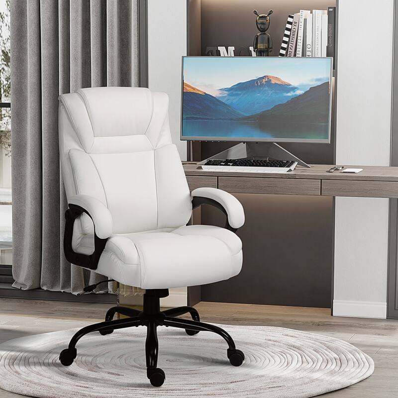 Modern Office Chair PU Leather Ergonomic Office Chair with Adjustable Height Wide Seat and Swivel Wheels, for Office, White