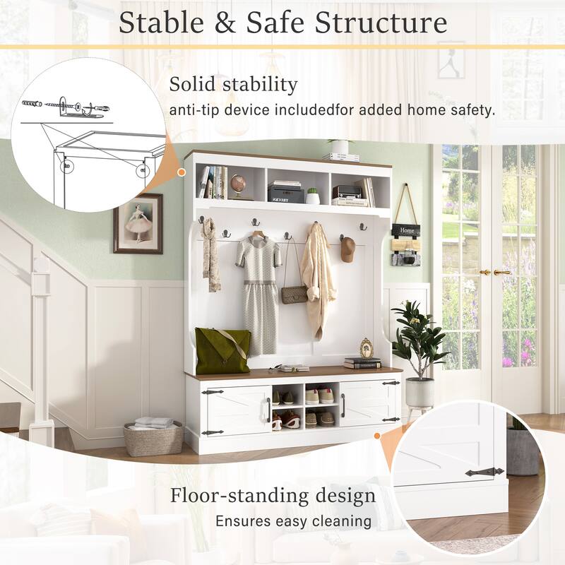 71 Inch Farmhouse Hall Tree with Bench and Shoe Storage 7 Hooks