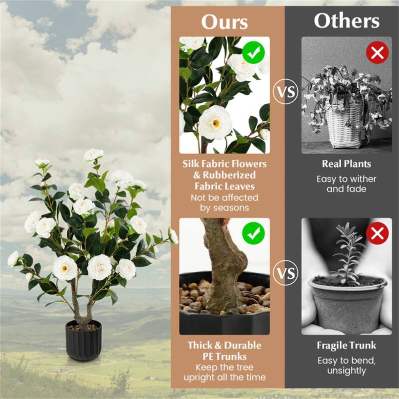 Set of 2 Artificial Camellia Trees 36 Inch Lifelike Indoor Decorative Plants with Cement Pots - 5" x 36"