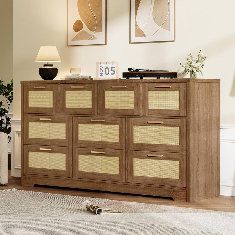 10-Drawer Dresser for Bedroom, Rattan Farmhouse Chest with Handles, Freestanding Wooden Storage Cabinet
