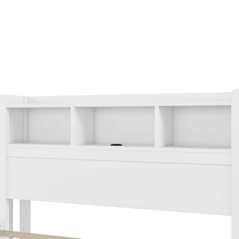 Full Size Bed with Drawers, Wood Full Bed with Storage Headboard and Pull Out Storage Cabinet, Wood Bed with Light and Socket