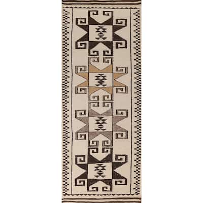 Tribal Beige Plush Anatolian Turkish Runner Rug Handmade Wool Carpet - 3'7"x 11'2"