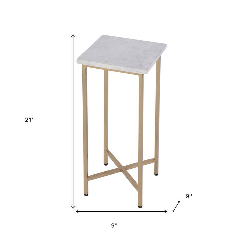 HomeRoots 21" White and Gold Distressed Marble and Iron Square End Table - 9.00 in. x 21.00 in. x 9.00 in.