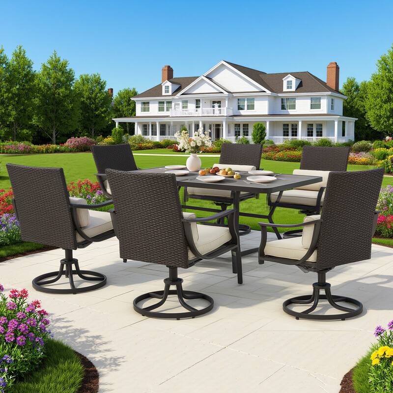 EROMMY Outdoor Dining Set, Swivel Rocking Chairs, Rectangular Table w Umbrella Hole, Patio Furniture Set for Backyard