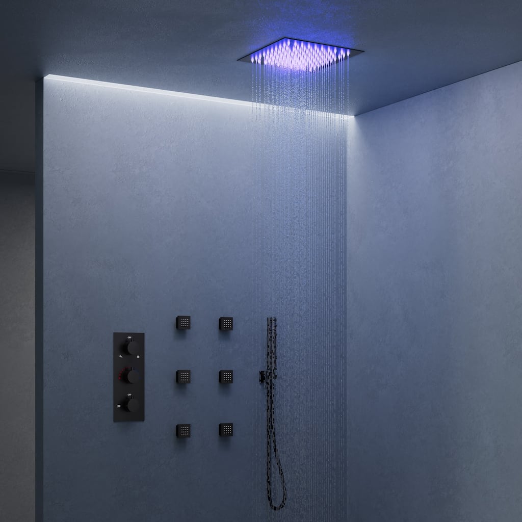 Thermostatic Rainfall Shower System,12 Inch 64-Color LED Mood Lighting Shower Faucet Set with 6 Body Jets