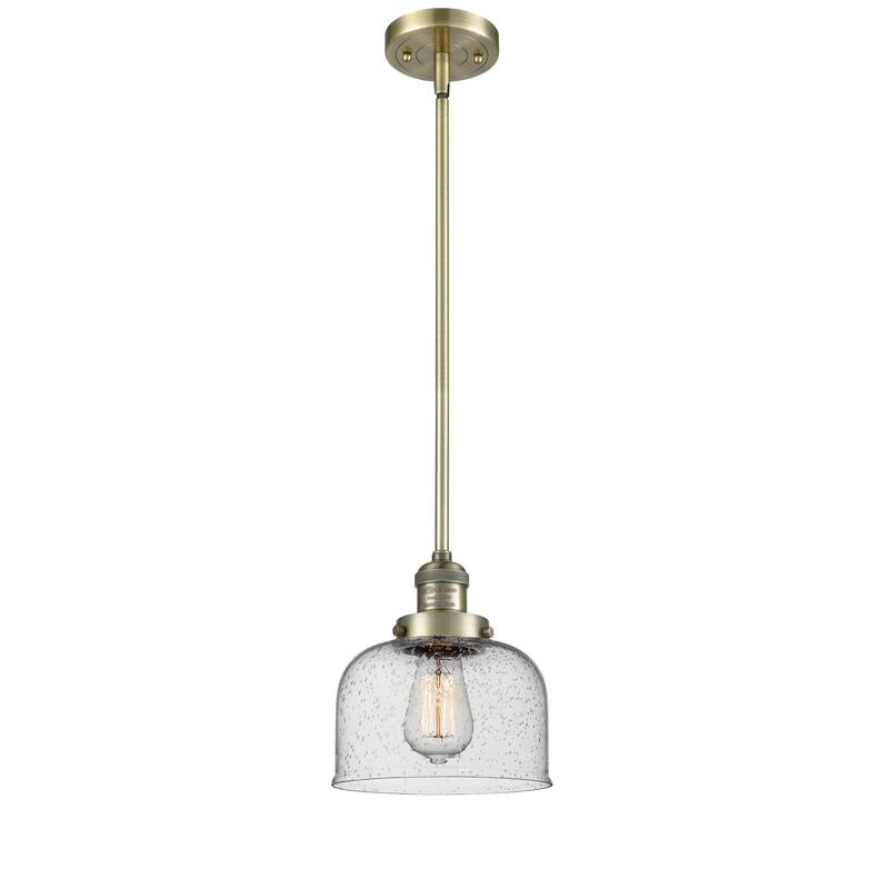 Innovations Lighting Franklin Restoration Bell - 1 Light 8" Stem Hung Mini Pendant - Antique Brass/Seedy
