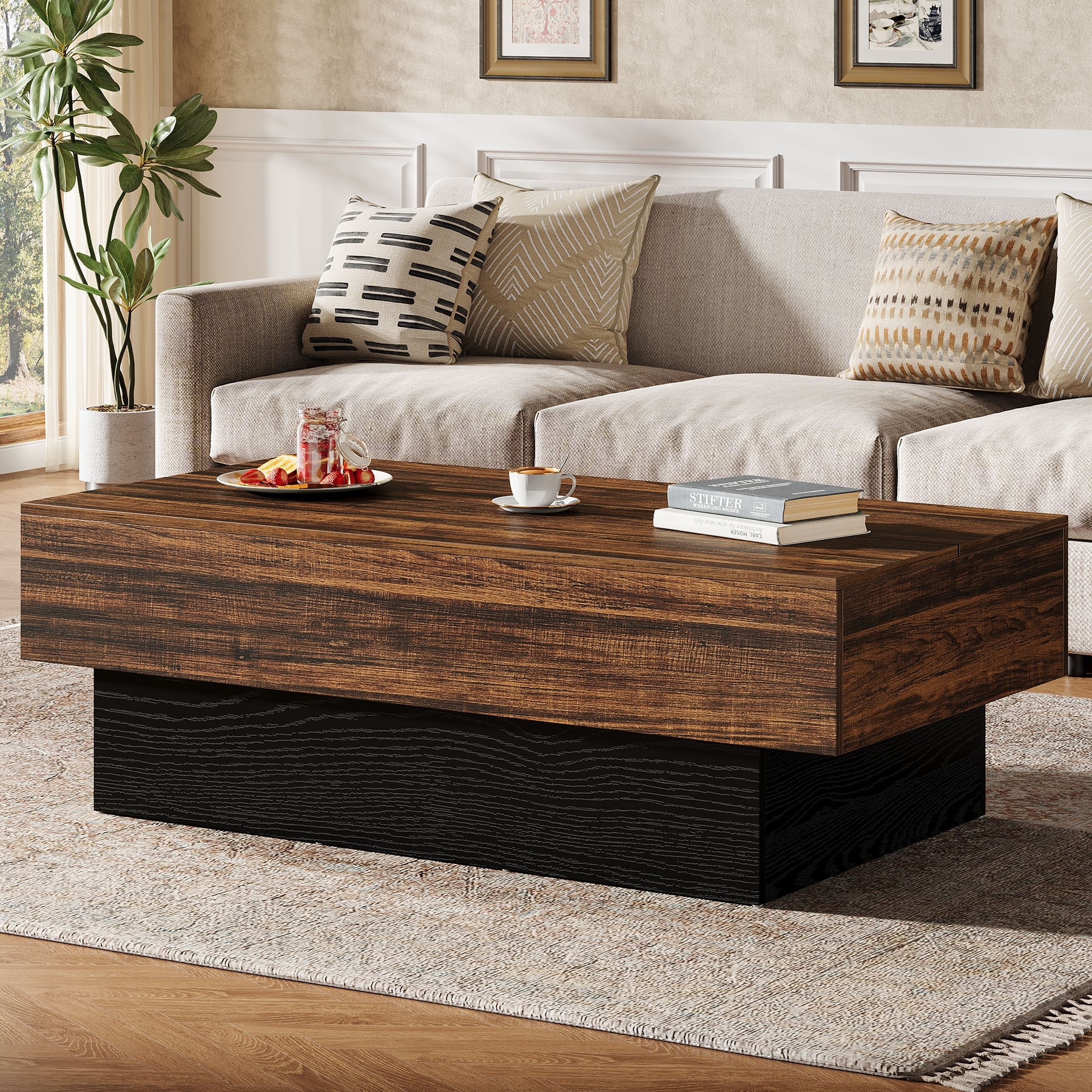 Modern Black Coffee Table, 55-Inch Rectangle Wooden Tea Table
