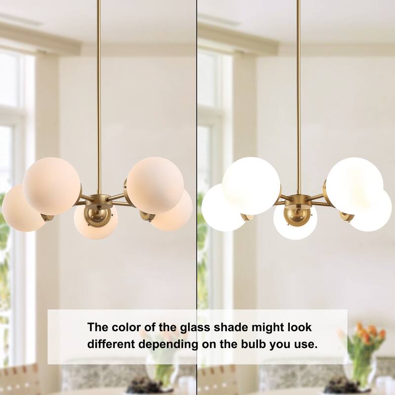 Cionar Mid-century Modern 5-Light Sputnik Dining Room Chandelier Wheel Kitchen Pendant with Orb Frosted Glass - D24" x H 69"
