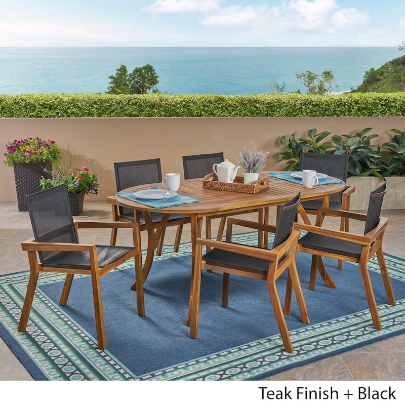 Arletta Outdoor Acacia Wood 6 Seater Patio Dining Set with Mesh Seats by Christopher Knight Home