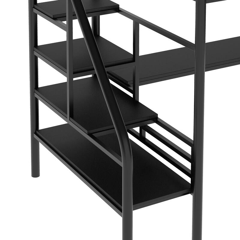 Twin Size Metal Loft Bed Frame with Desk, No Box Spring Needed, Black
