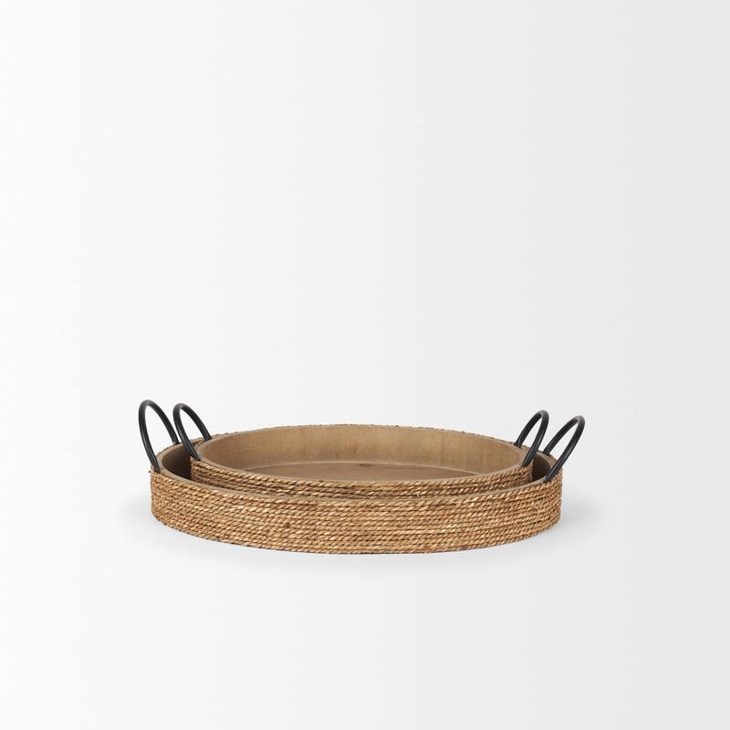 Wheaton Light Brown Wood w/ Natural Jute Serving Trays - 19.8L x 12.3W x 4.8H