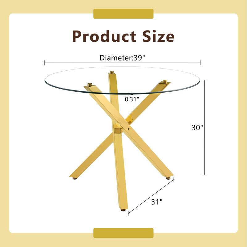 Modern X-Shaped Gold Metal Frame Round Dining Table, 39-inch Tempered Glass Top, Suitable for 2-4 Persons - Gold,Transparent