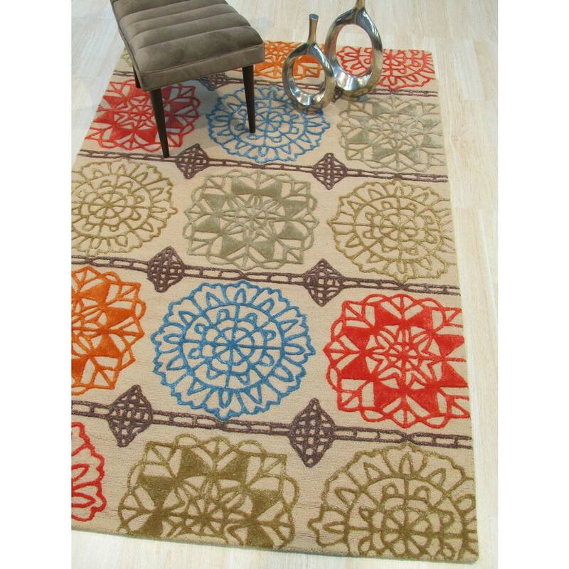6' Round Modern Geometric Wool Area Rug, Beige, 0.5 Pile, Stylish Soft Design - L