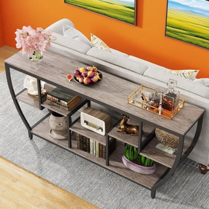 Industrial Console Table with Metal Frame 7 Staggered Shelves Entryway Sofa Hallway Table TV Stand - 70.86" x 11.81" x 35.43"
