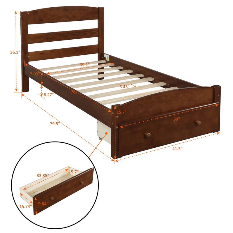 Oaks Aura Platform Twin Bed Frame with Storage Drawer and Wood Slat Support No Box Spring Needed, 4 Colors
