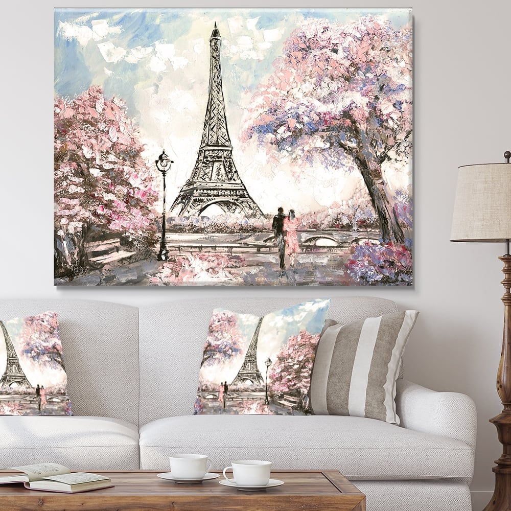 Designart Eiffel with Pink Flowers Landscape Canvas Art Print