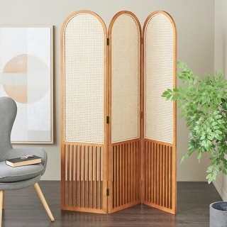 Brown Wood Arched 3 Panel Room Divider Screen with Slatted Wood Base ...