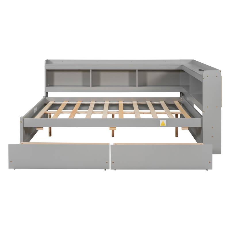 Corner Daybed Bookcases Bed with Power Outlets and Charging Ports, L-Shaped Storage Bed Frame Captains Bed with 2 Drawers