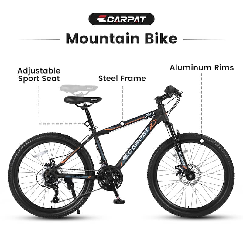 24 Inch Mountain Bike Boys Girls, Steel Frame, Shimano 21 Speed Mountain Bicycle with Daul Disc Brakes and Front Suspension MTB