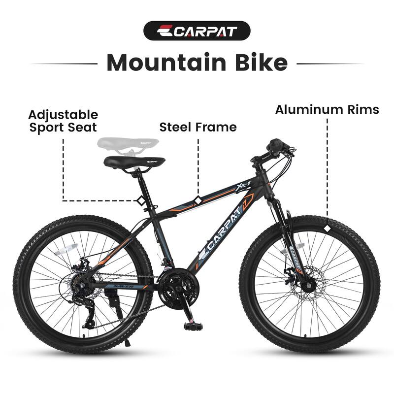 Black Steel Frame 24 inches Wheel Teen Mountain Bike with 21-Speed Gears - 66 L x 24.8 W x 35.8 H inches