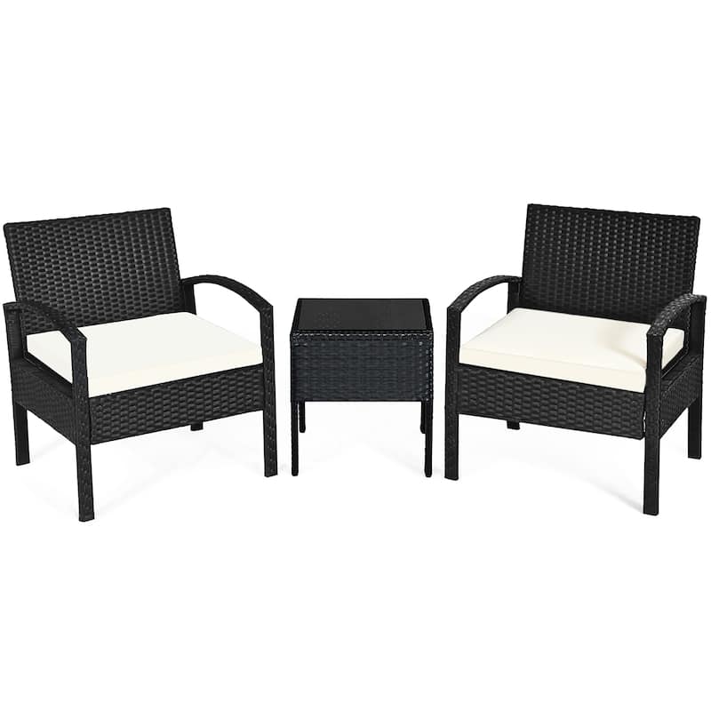 3 Piece Patio Furniture Set Rattan Chair with Coffee Table - Black