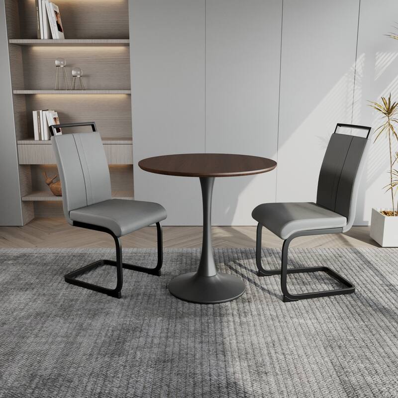 Modern 3-Piece Dining Set with MDF Round Table & 2 PU High Back C-shaped Tube Chairs