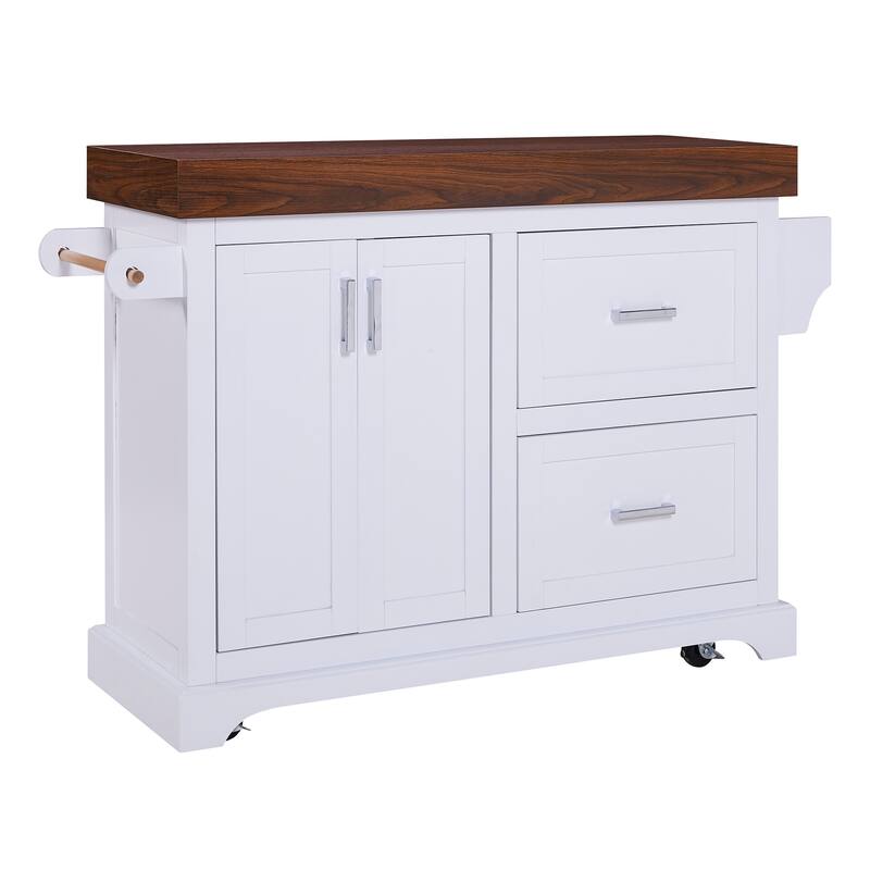 53" Large Kitchen Island with 3.5" Thick Desktop, Spice and Towel Racks, Kitchen Island with Storage on 5 Wheels, 2 Drawers