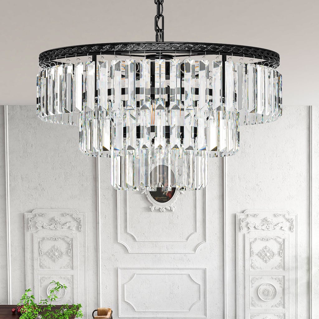 Moasis 20" Black Crystal Chandeliers 9-Light Modern Ceiling Light Fixture 3-Tire K9 Crystal Pendant Light
