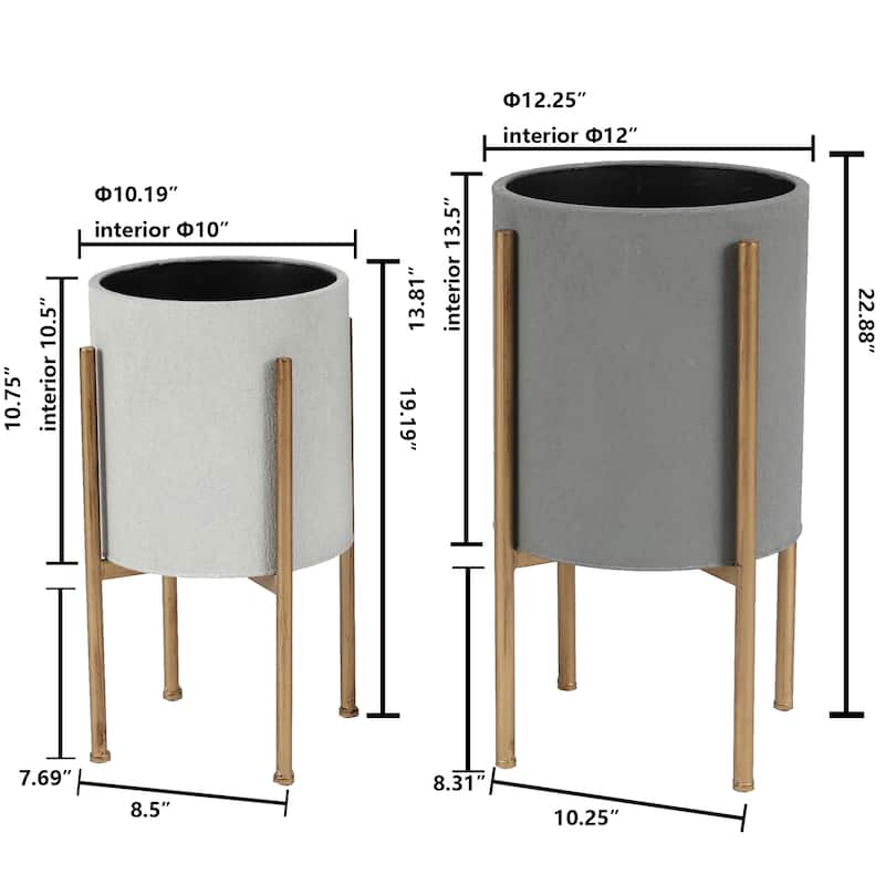 Multi-Grey Round Metal Planters with Gold Stand (Set of 2)