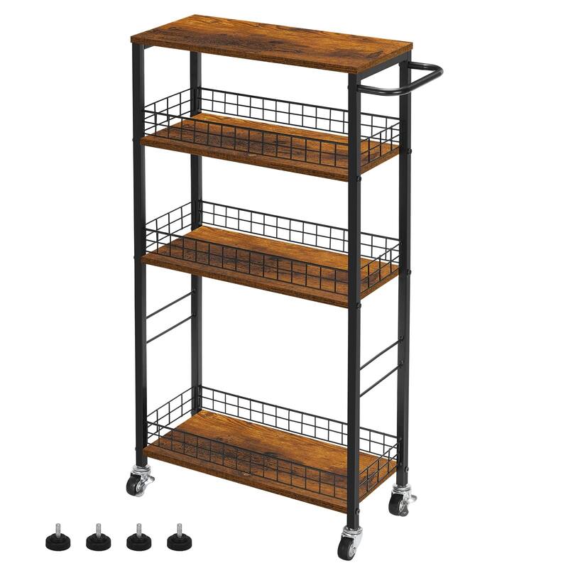 Slim Storage Cart 4 Tier Kitchen Rolling Cart on Wheels Mobile Narrow Cart with Wooden Tabletop Slide Out Utility Cart - Brown