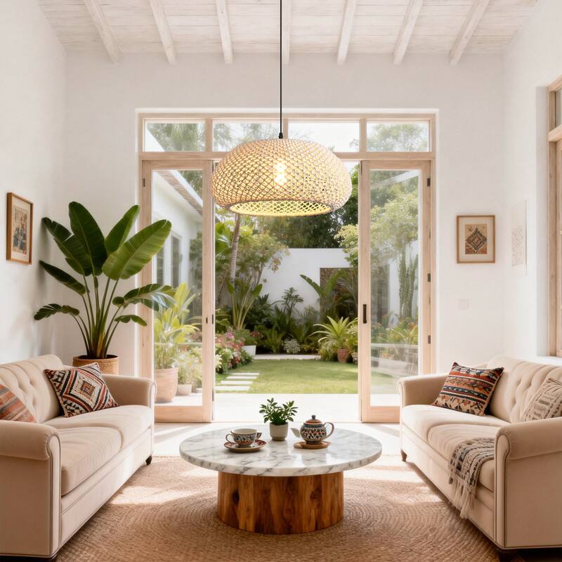 1-Light Rustic Beige Hand-Woven Cotton Hanging Basket Pendant Light - 18.8" W x 55" H