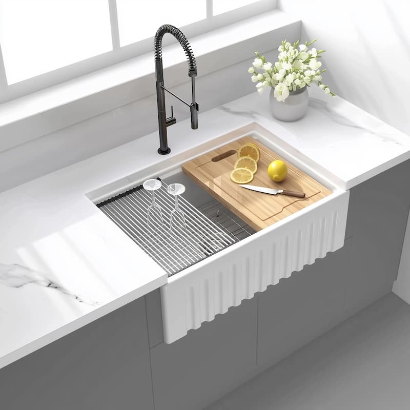 30" Fireclay Farmhouse Sink - Reversible Apron Front, 20" x 10" Deep White Porcelain Workstation Sink with Ledge and Accessories