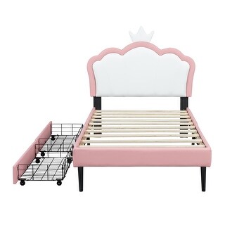 Twin Upholstered Leather Princess Bed w/ Wheel and 2 Drawers, Crown Headboard for Kids Teens,White Pink