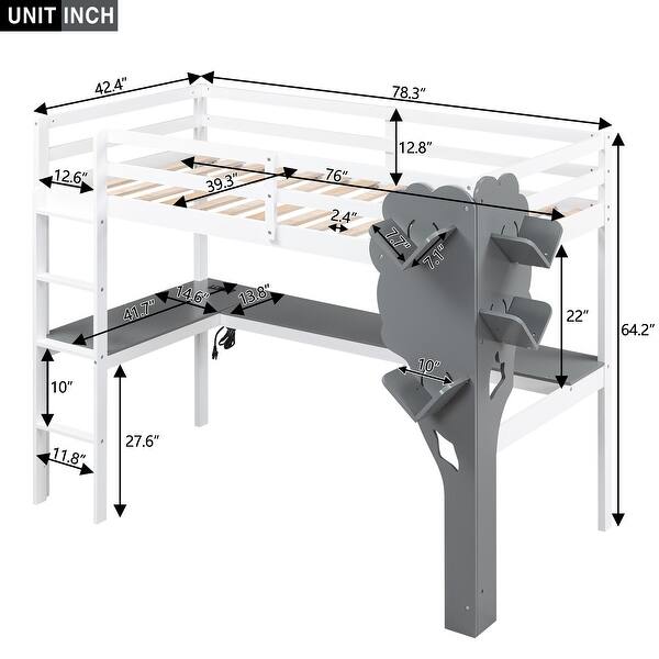 Twin Loft Bed with L-Shaped Desk, Tree-Shaped Bookcase, and Charging Station