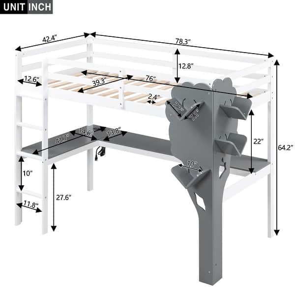 Twin Wood Loft Bed with Desk, Bookcase, Charging Station