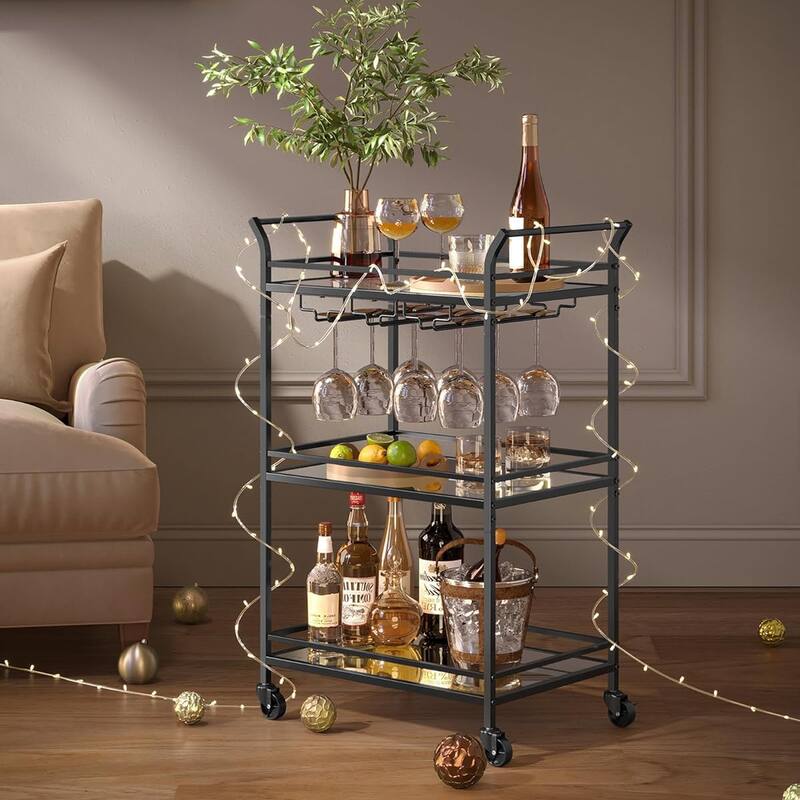 Home Bar Serving Cart with 3-Tier Shelf, Wine Holders, Glass Holders