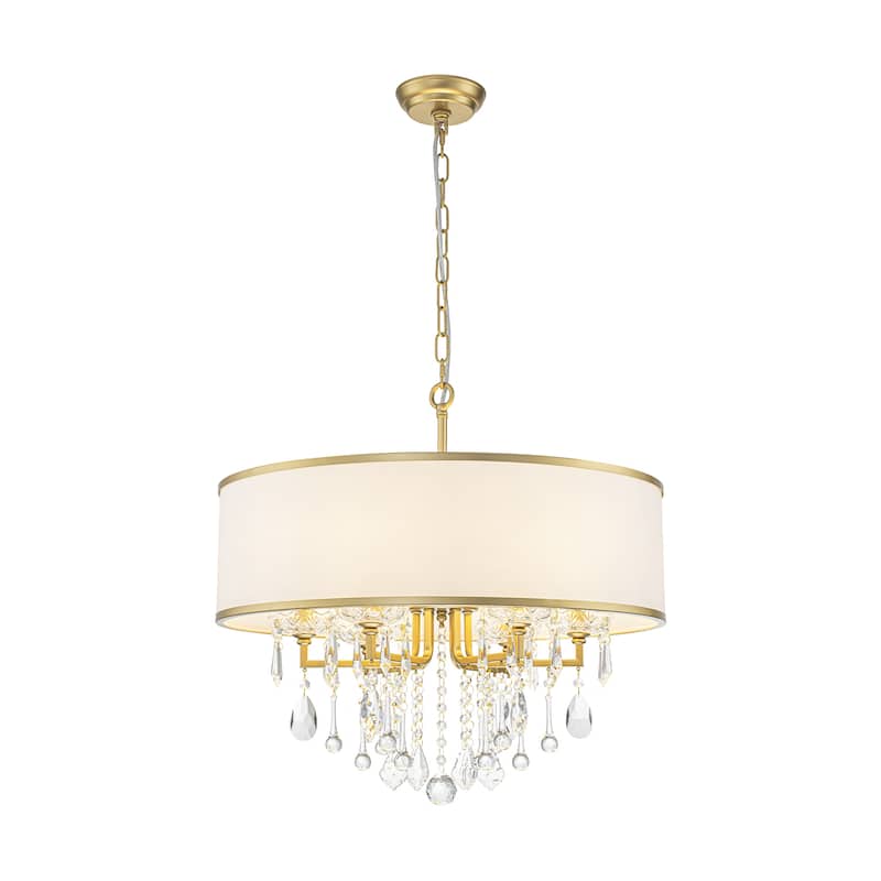 6-Light Modern Elegant Gold Drum Fabric Shade Adjustable Height with Crystal Accent Chandelier for Dining Room & Bedroom - Clear/Gold/White - 23.6 in. W x 16.1 in. H x 23.6 in. D